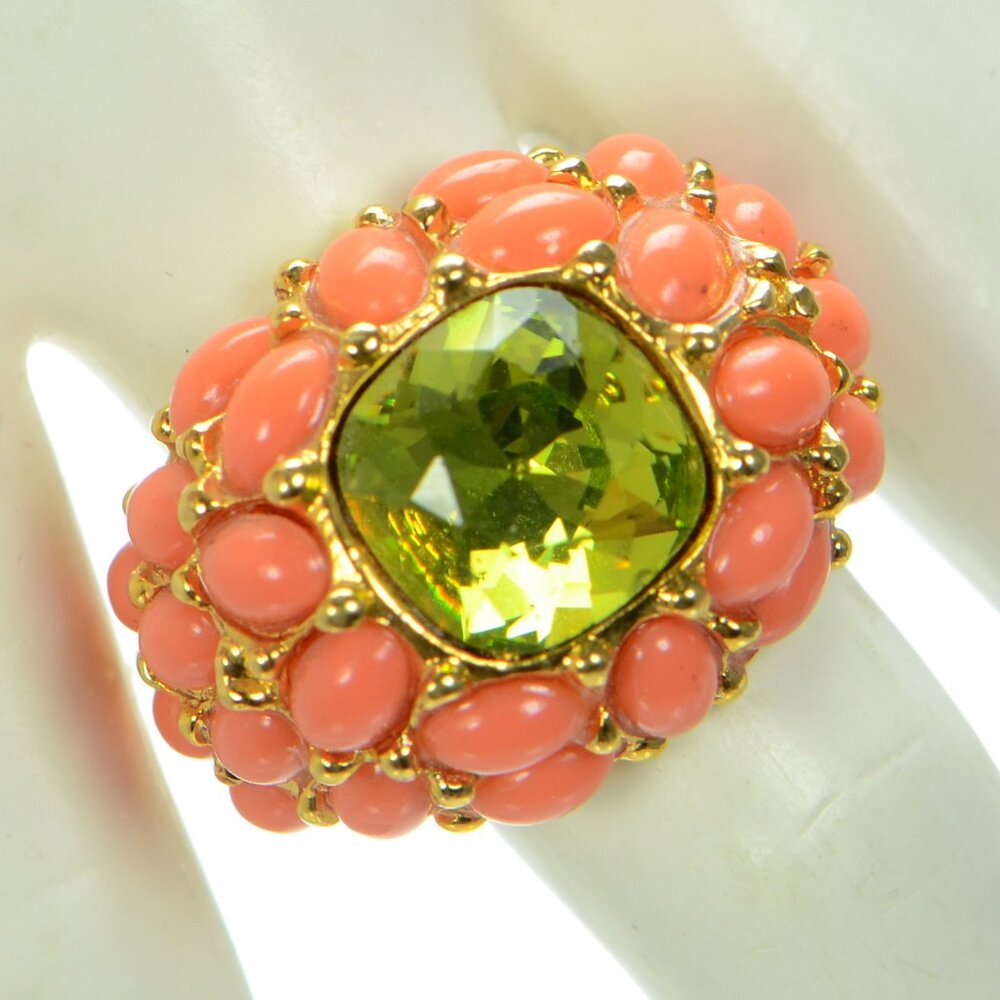 Kenneth Jay Lane KJL Coral Cabochon  & Crystal Cocktail Ring